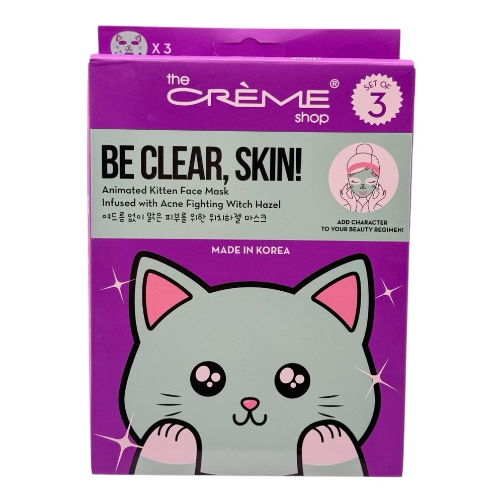 NIB The Crème Shop "Be Clear, Skin!" Animated Kitten Face Mask 3 Set